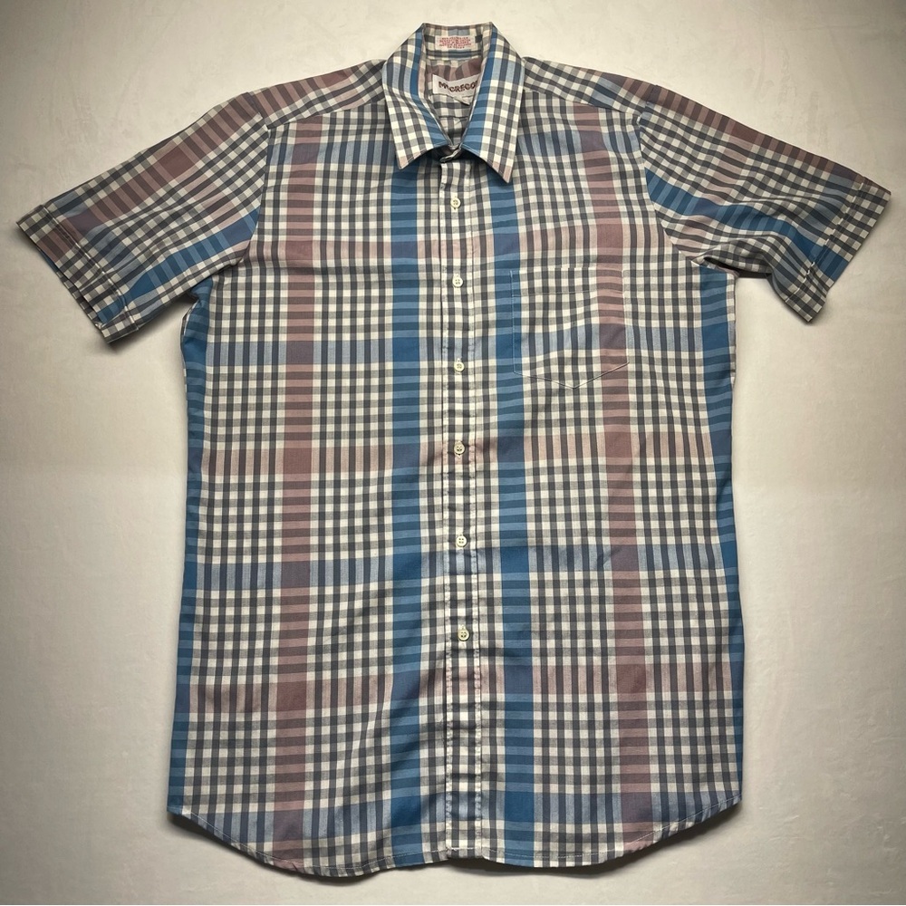 Vintage McGregor Men Button Up Collar Blue Paid Short Sleeve Shirt Size Medium